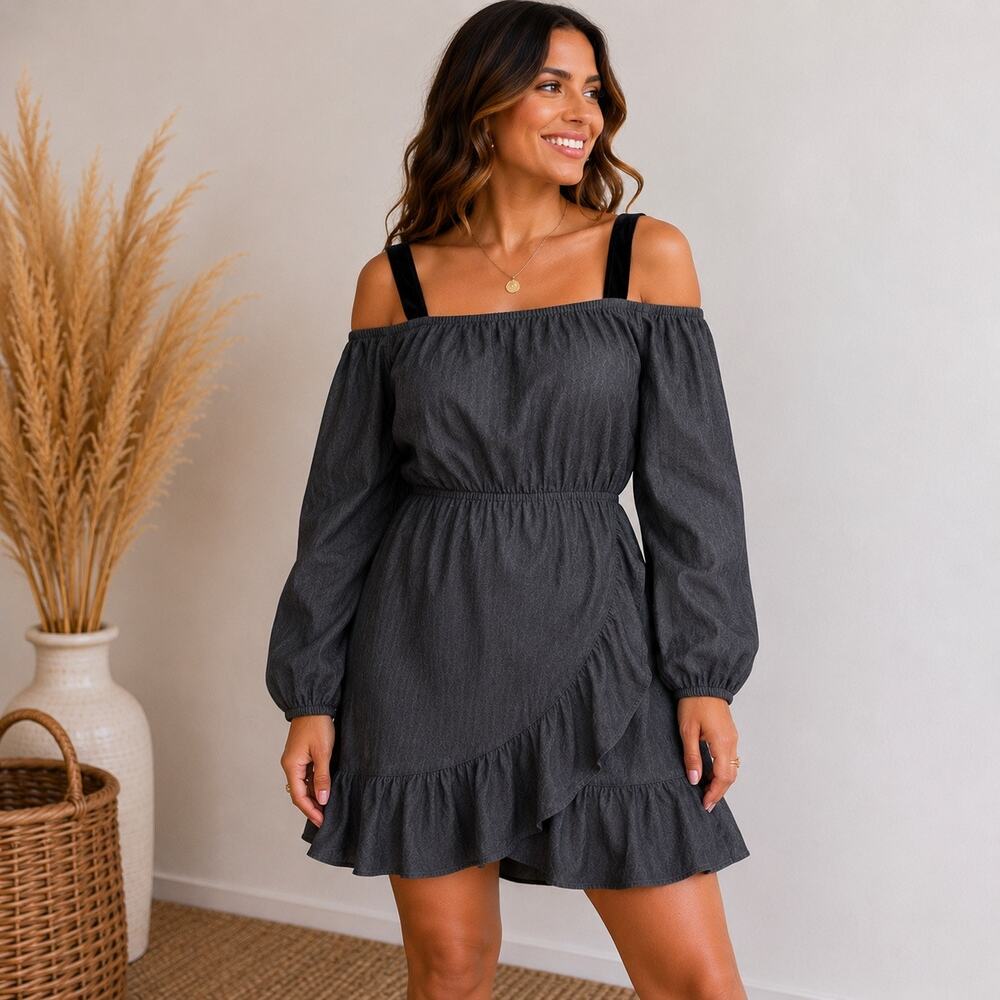 Lovers + Friends Charcoal Off Shoulder Long Sleeve Ruffle Mini Dress Sz L NWT